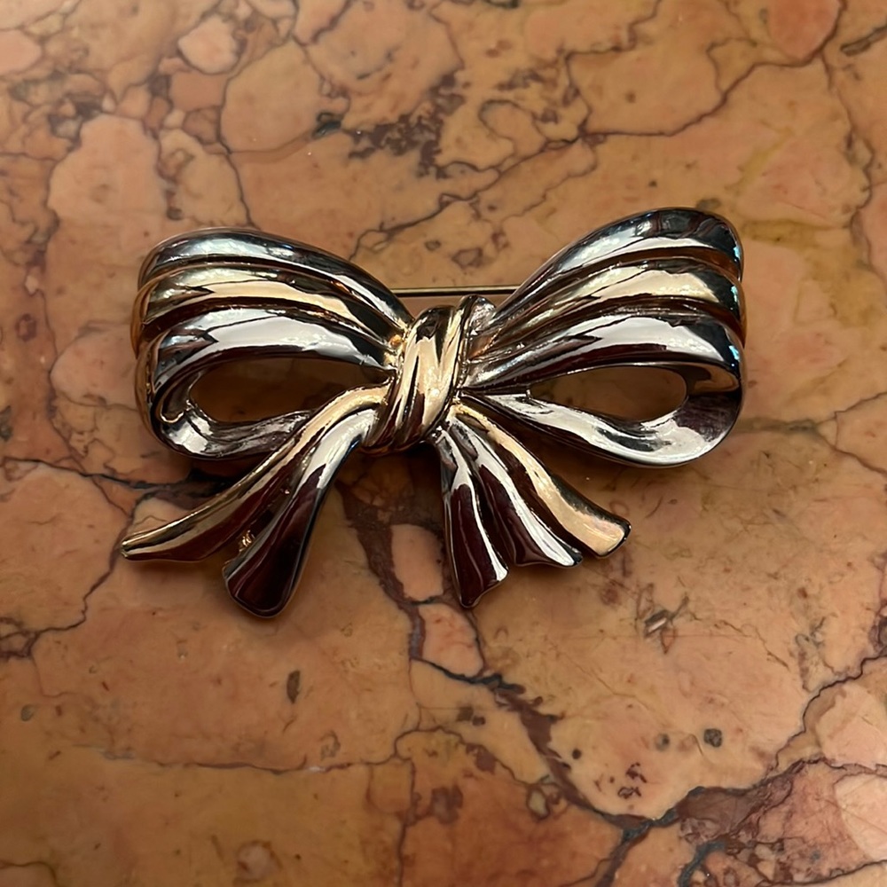 Silver & gold tone bow brooch
